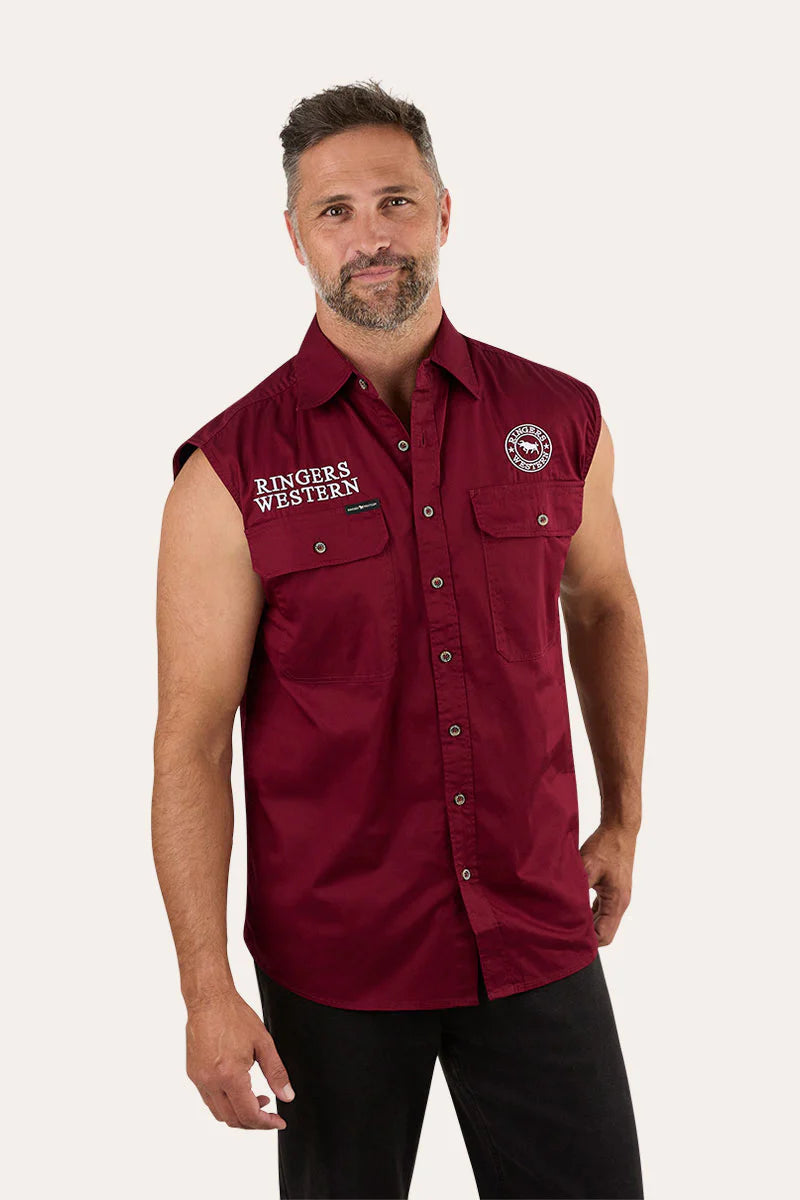 Hawkeye Mens Sleevless Work Shirt - Burgundy with White Embroidery