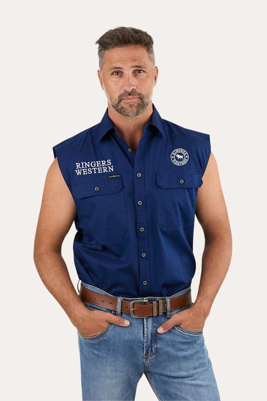 Hawkeye Mens Sleevless Work Shirt - Navy with White Embroidery