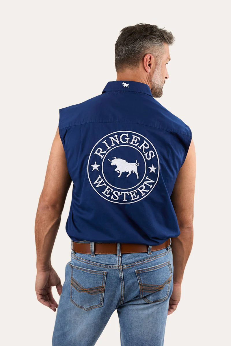 Hawkeye Mens Sleevless Work Shirt - Navy with White Embroidery