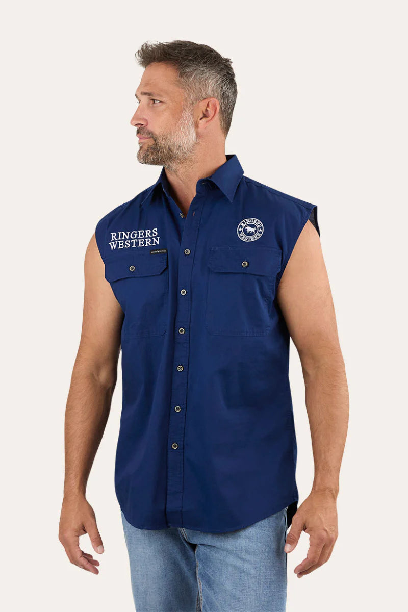 Hawkeye Mens Sleevless Work Shirt - Navy with White Embroidery