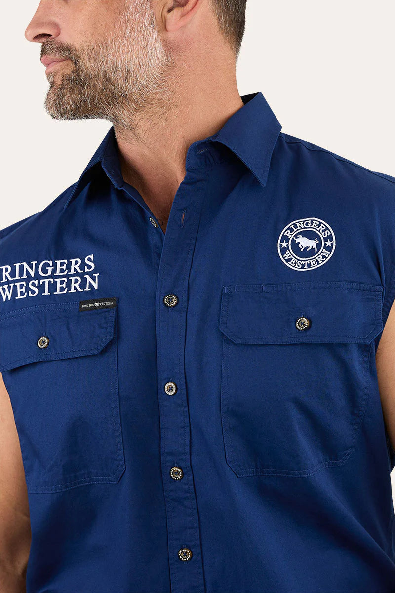 Hawkeye Mens Sleevless Work Shirt - Navy with White Embroidery