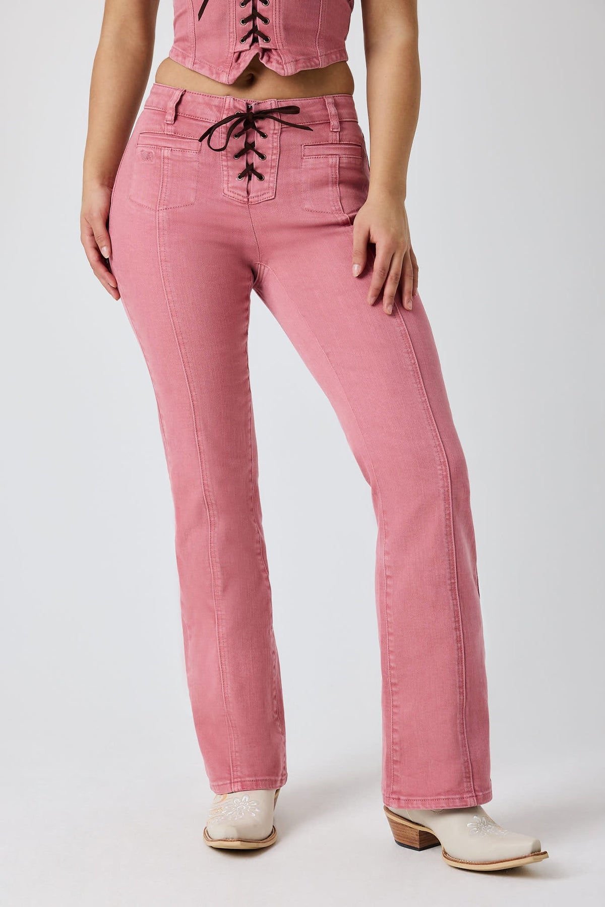 Rodeo Rose Women’s Lace Front Mid Rise Bootleg Jeans - Washed Pink