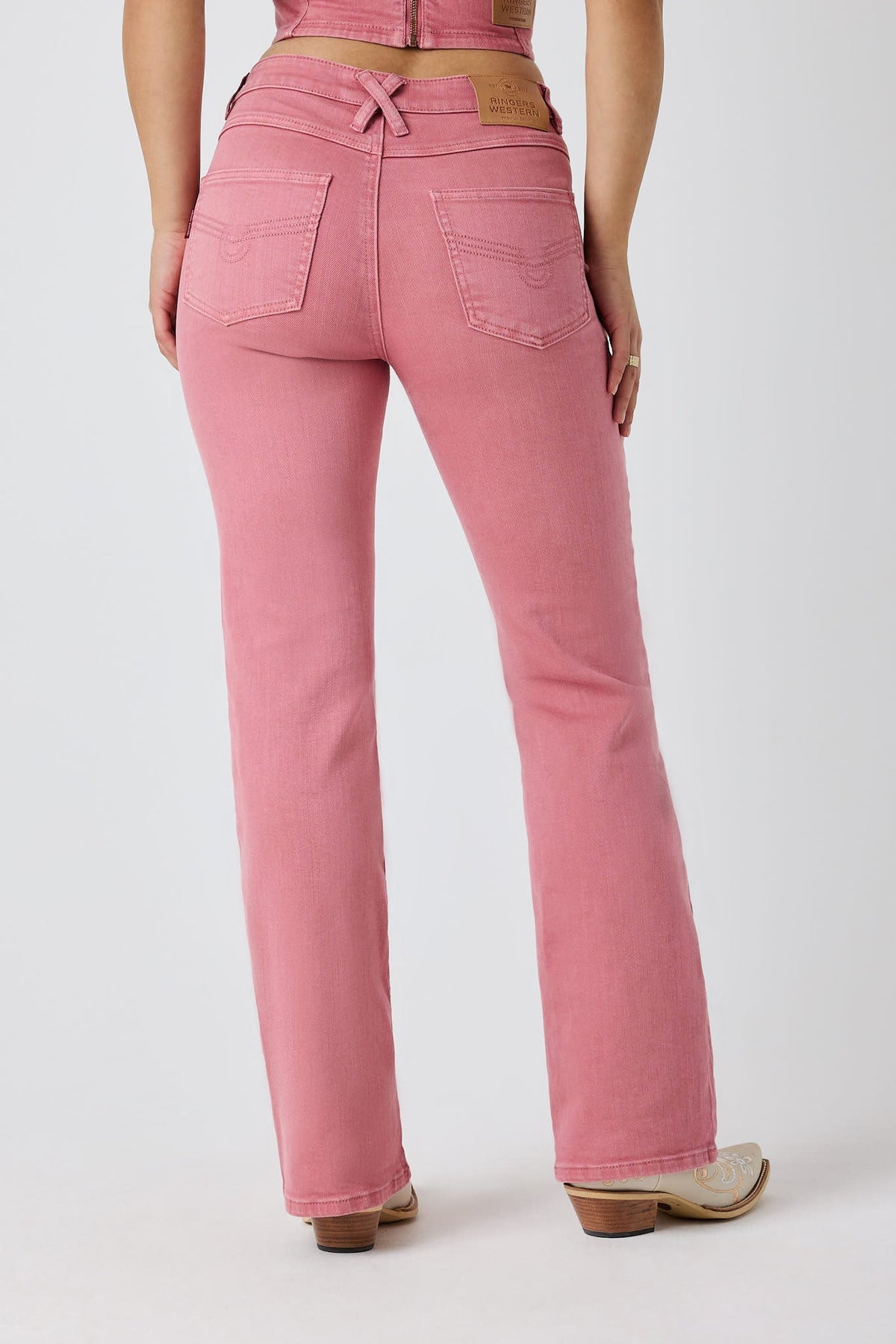 Rodeo Rose Women’s Lace Front Mid Rise Bootleg Jeans - Washed Pink