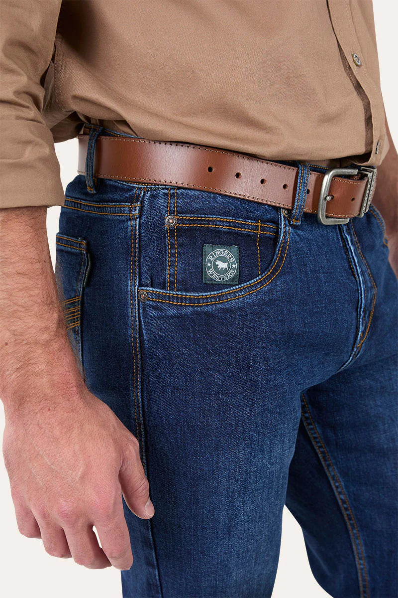 Muster Mens Slim Straight Fit Mid Rise Jeans - Dark Wash Blue