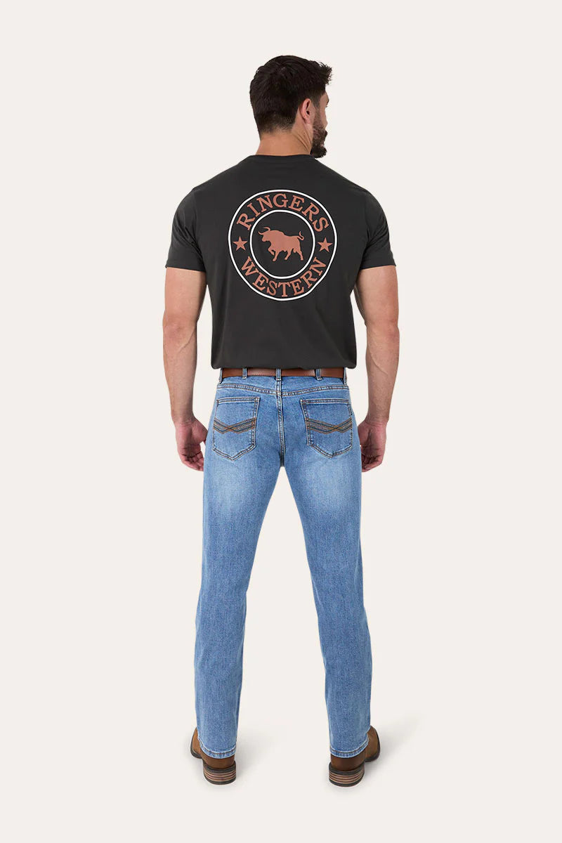 Muster Mens Slim Straight Fit Mid Rise Jeans - Mid Wash Blue