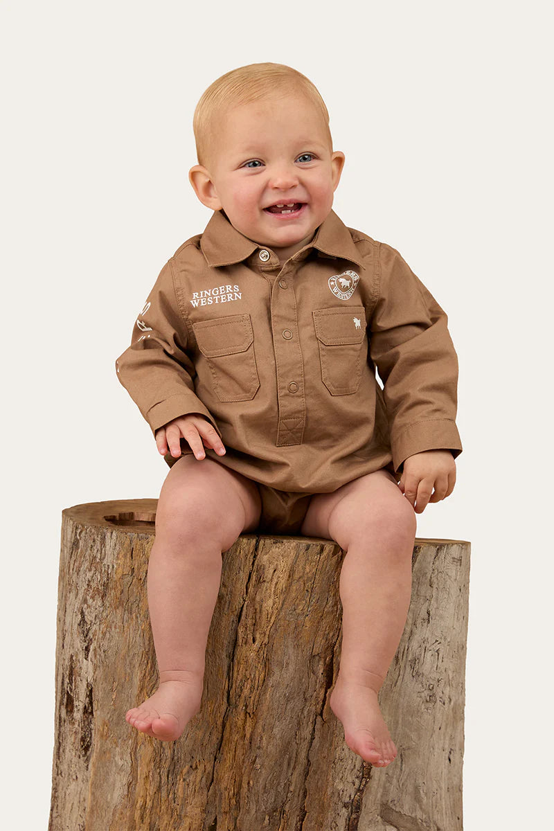 Howdy Tot Babies LS Workshirt Romper - Clay / White
