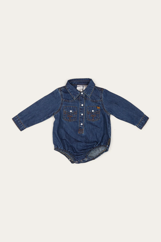 Jax Babies Chambray Western Shirt Romper - Classic Blue