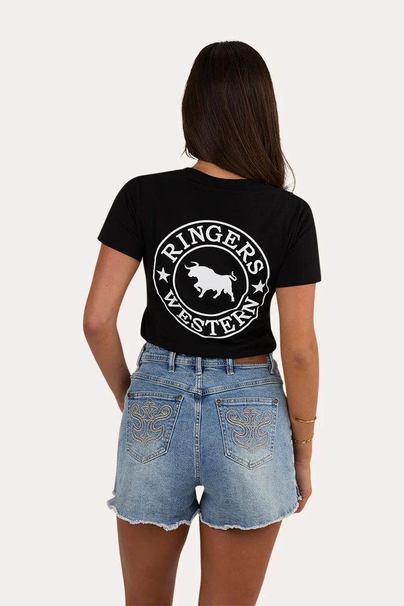 Signature Bull Womens Classic FITTED T-Shirt - Black with White Print