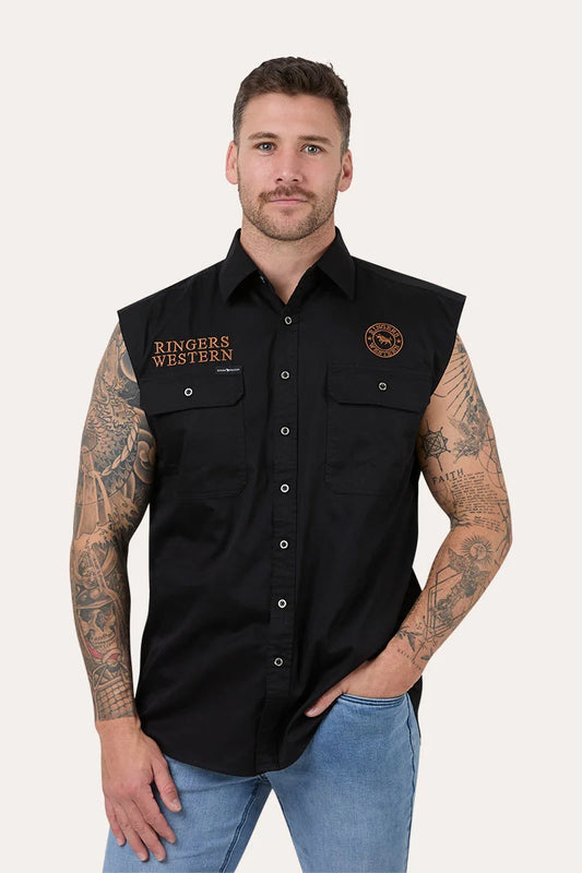 Ringers Racing Men’s Full Button Sleeveless Work Shirt - Black