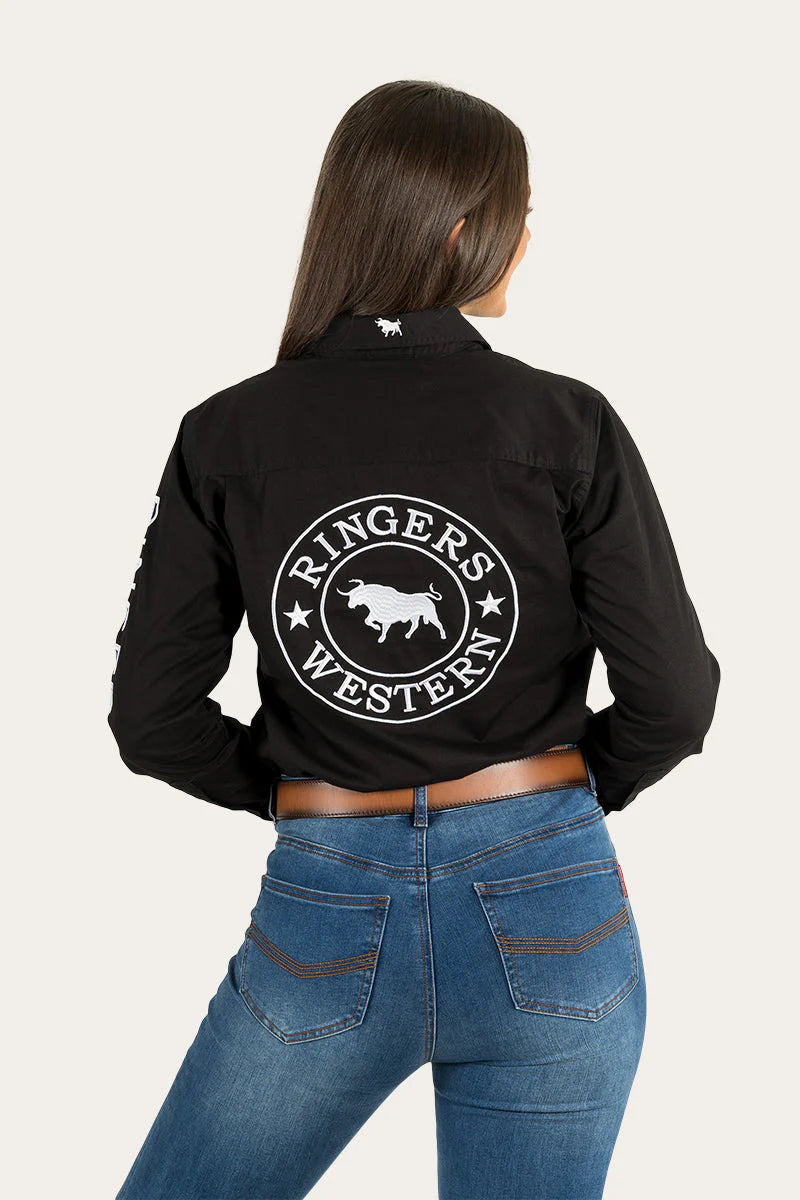 Signature Jillaroo Womens Full Button Work Shirt - Black with White Embroidery