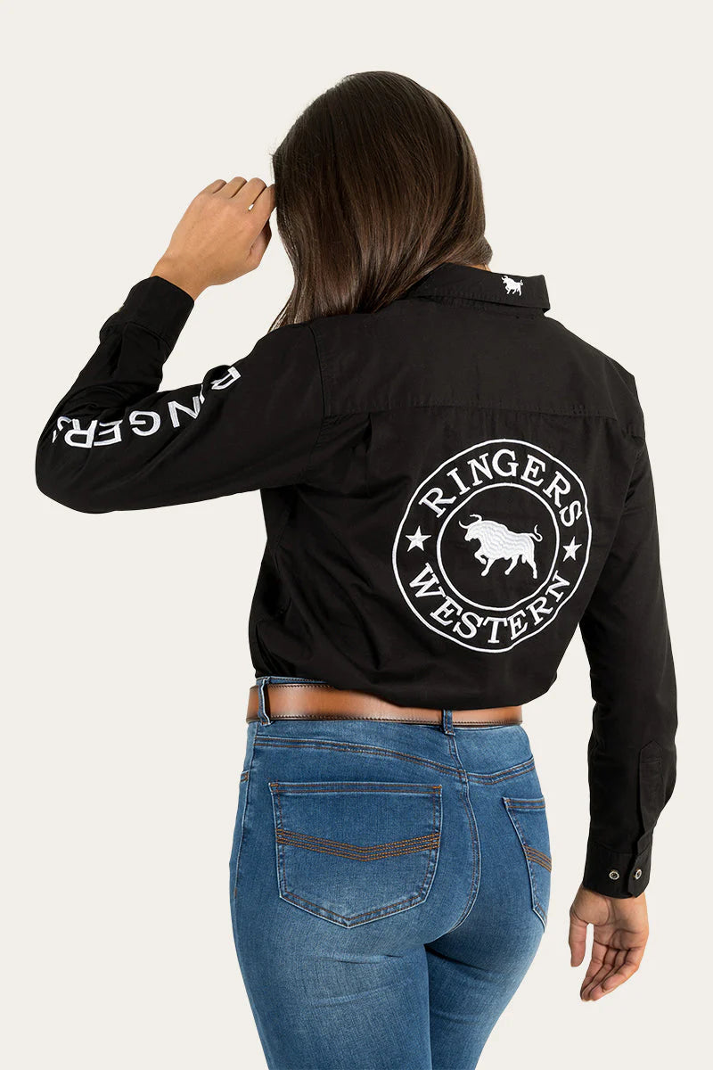 Signature Jillaroo Womens Full Button Work Shirt - Black with White Embroidery