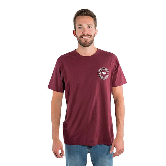 Signature Bull Mens Loose T-Shirt - Burgundy with White Print