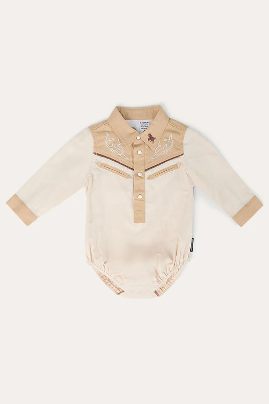 Beau Babies Boys Western Shirt Romper - Dark Sand