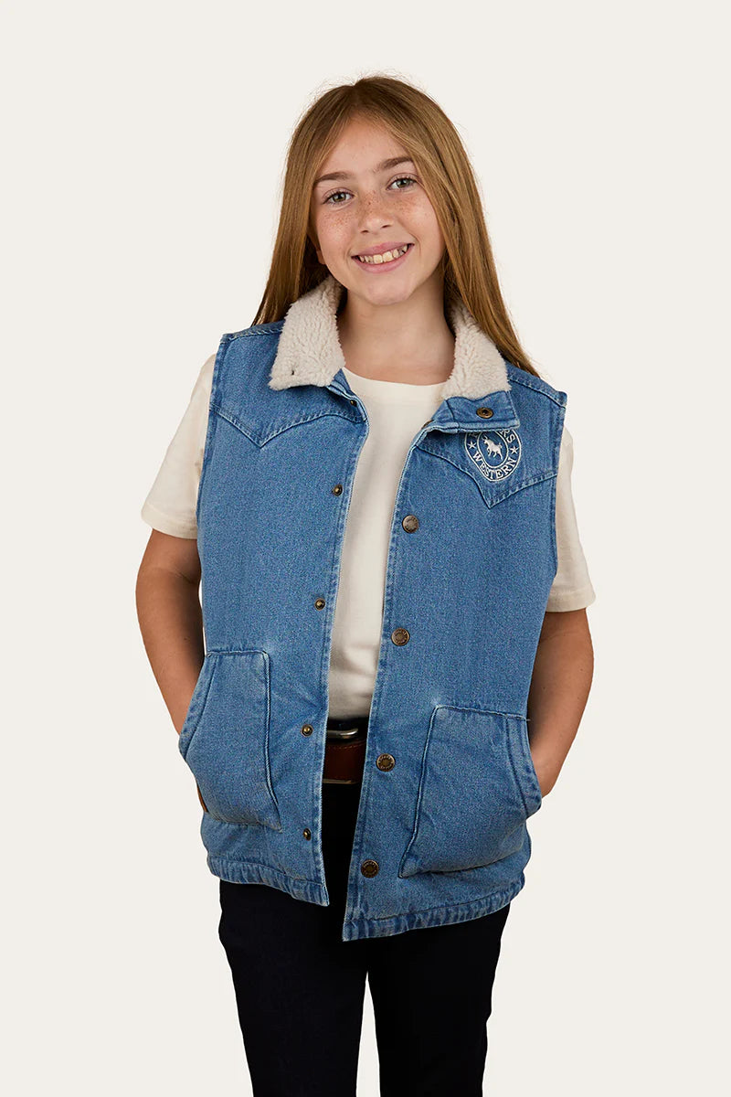 Ruby Denim Sherpa Vest - Mid Wash Blue
