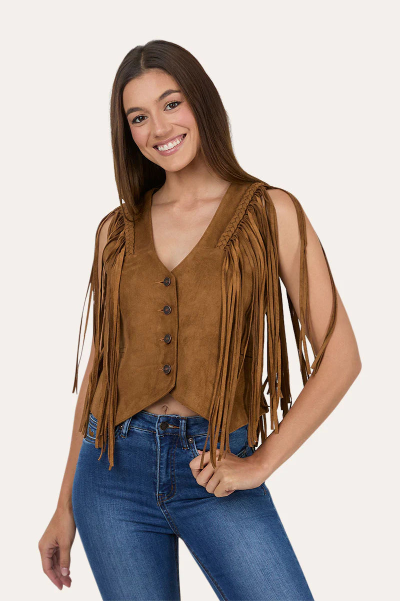 Wanderlust Women’s Faux Suede Fringe Vest - Copper