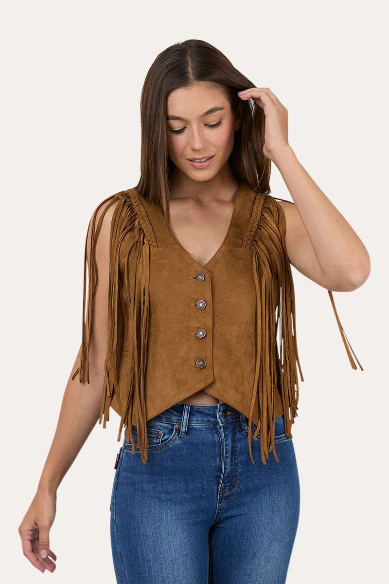 Wanderlust Women’s Faux Suede Fringe Vest - Copper