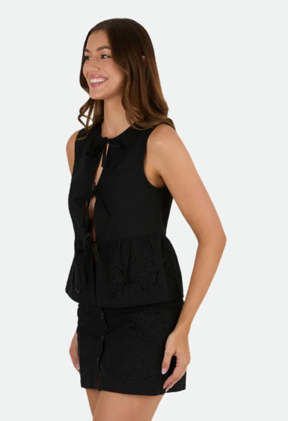 Jynette Womens Tie Front Top - Black